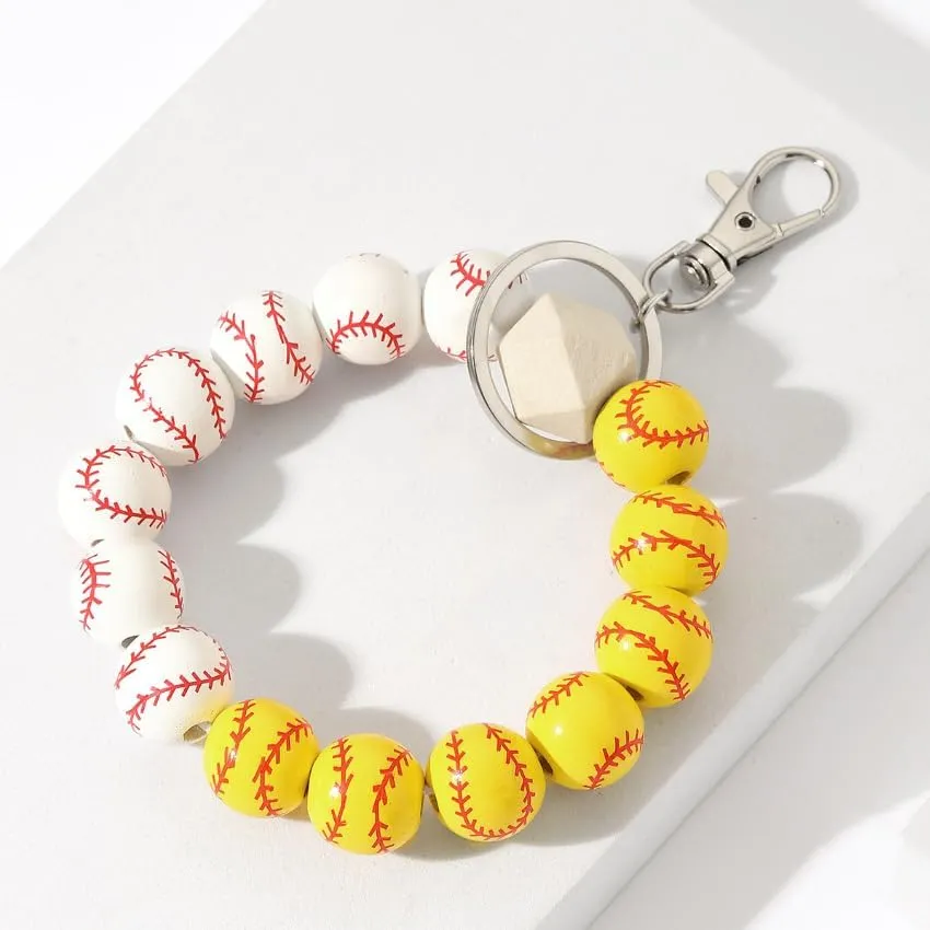 tenghong2021 Baseball Charm Keychain Softball Wooden Key Ring Bracelet Wristlet Women Men Sport Athlete Homecoming Gift