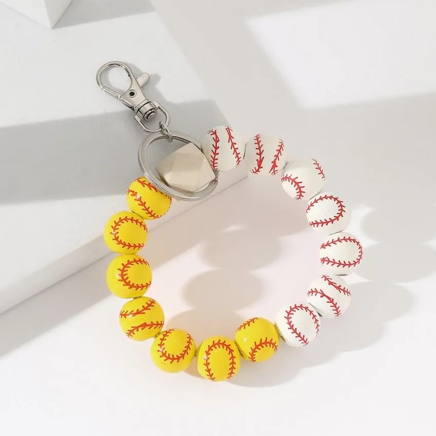tenghong2021 Baseball Charm Keychain Softball Wooden Key Ring Bracelet Wristlet Women Men Sport Athlete Homecoming Gift