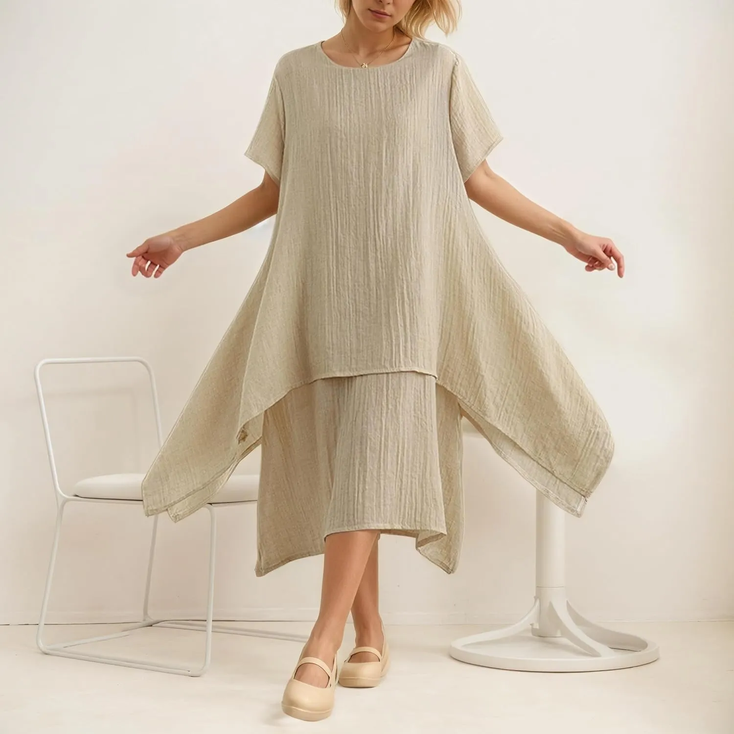 TIAFORD Women Loose Cotton Linen Casual Short Sleeve Dress Crew Neck Double Layered Irregular Hem Summer Linen Midi Dresses