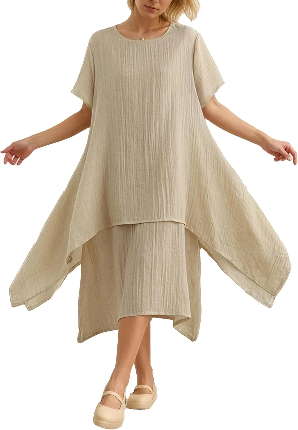 TIAFORD Women Loose Cotton Linen Casual Short Sleeve Dress Crew Neck Double Layered Irregular Hem Summer Linen Midi Dresses