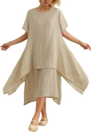 TIAFORD Women Loose Cotton Linen Casual Short Sleeve Dress Crew Neck Double Layered Irregular Hem Summer Linen Midi Dresses