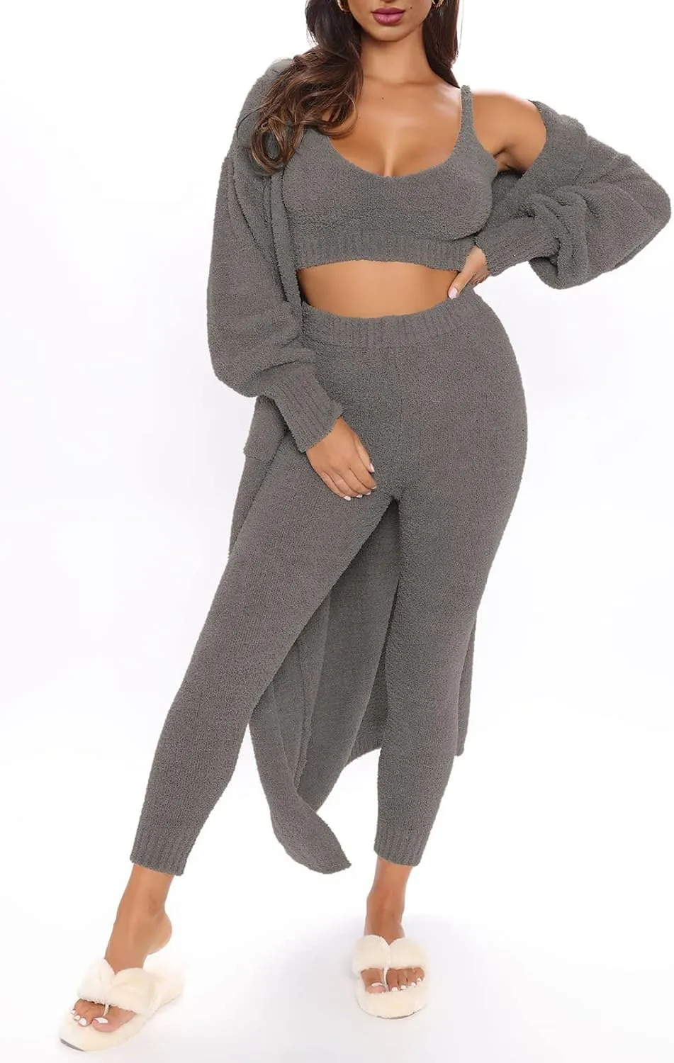 TOLENY Women's Fuzzy 3 Piece Lounge Sets Sweatsuits Open Front Cardigan Crop Tank Tops Wide Legs Pants Outfits