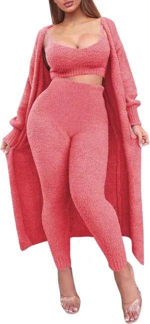 TOLENY Women's Fuzzy 3 Piece Lounge Sets Sweatsuits Open Front Cardigan Crop Tank Tops Wide Legs Pants Outfits