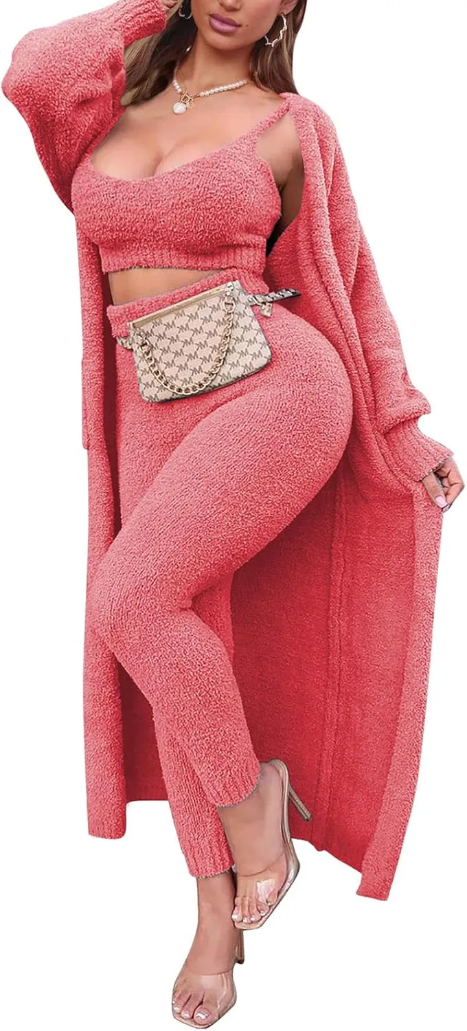 TOLENY Women's Fuzzy 3 Piece Lounge Sets Sweatsuits Open Front Cardigan Crop Tank Tops Wide Legs Pants Outfits