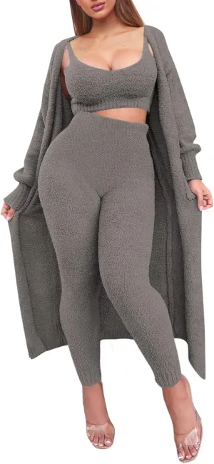 TOLENY Women's Fuzzy 3 Piece Lounge Sets Sweatsuits Open Front Cardigan Crop Tank Tops Wide Legs Pants Outfits