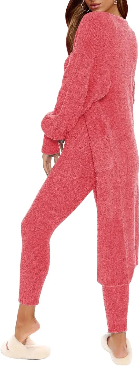 TOLENY Women's Fuzzy 3 Piece Lounge Sets Sweatsuits Open Front Cardigan Crop Tank Tops Wide Legs Pants Outfits