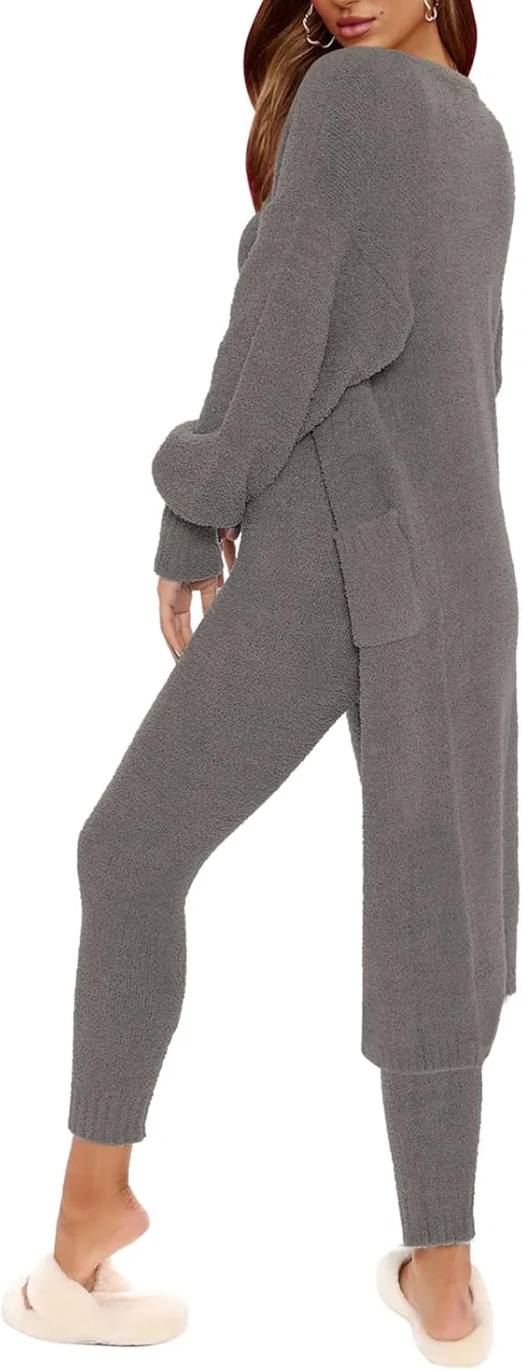 TOLENY Women's Fuzzy 3 Piece Lounge Sets Sweatsuits Open Front Cardigan Crop Tank Tops Wide Legs Pants Outfits
