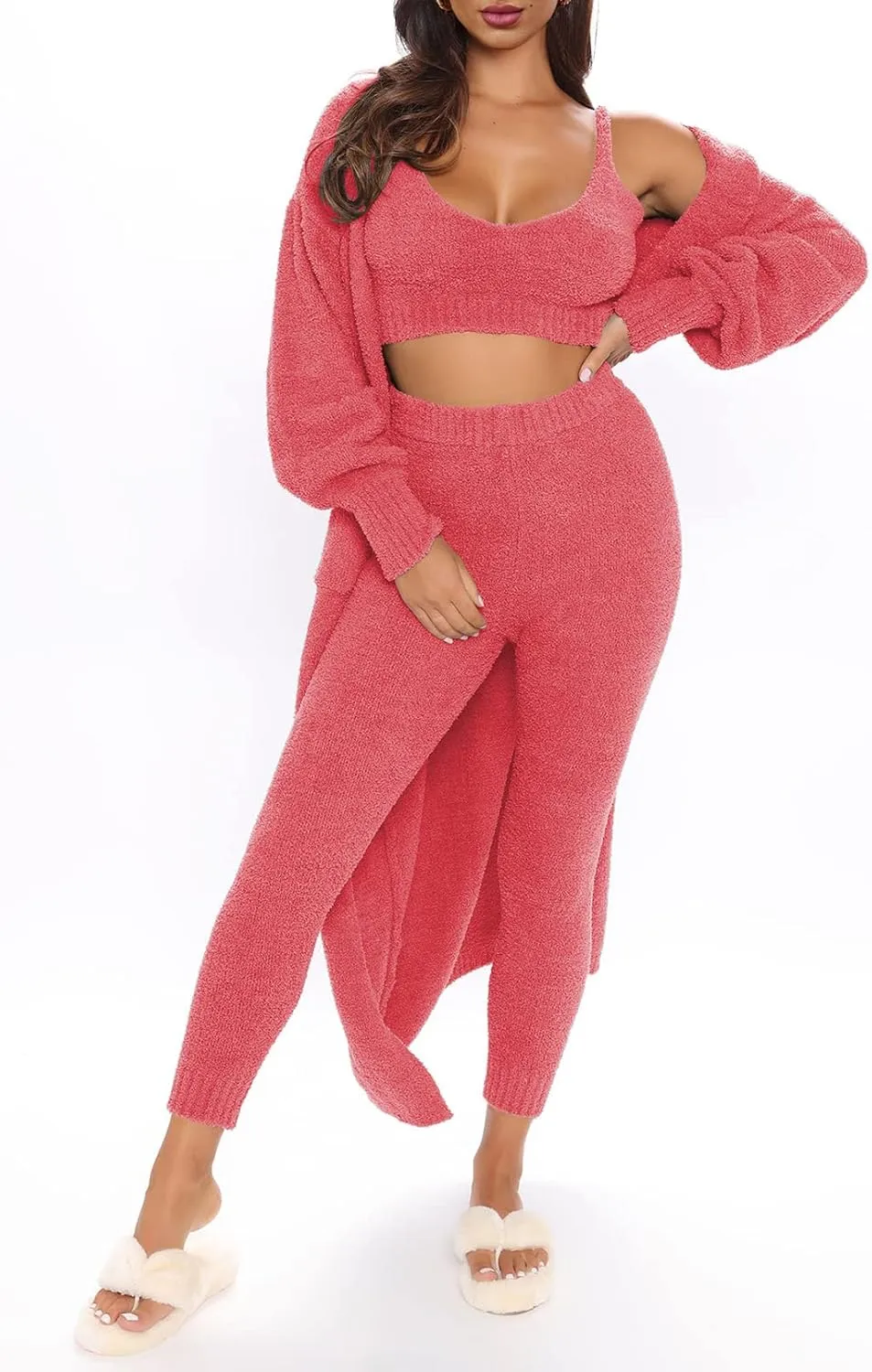 TOLENY Women's Fuzzy 3 Piece Lounge Sets Sweatsuits Open Front Cardigan Crop Tank Tops Wide Legs Pants Outfits