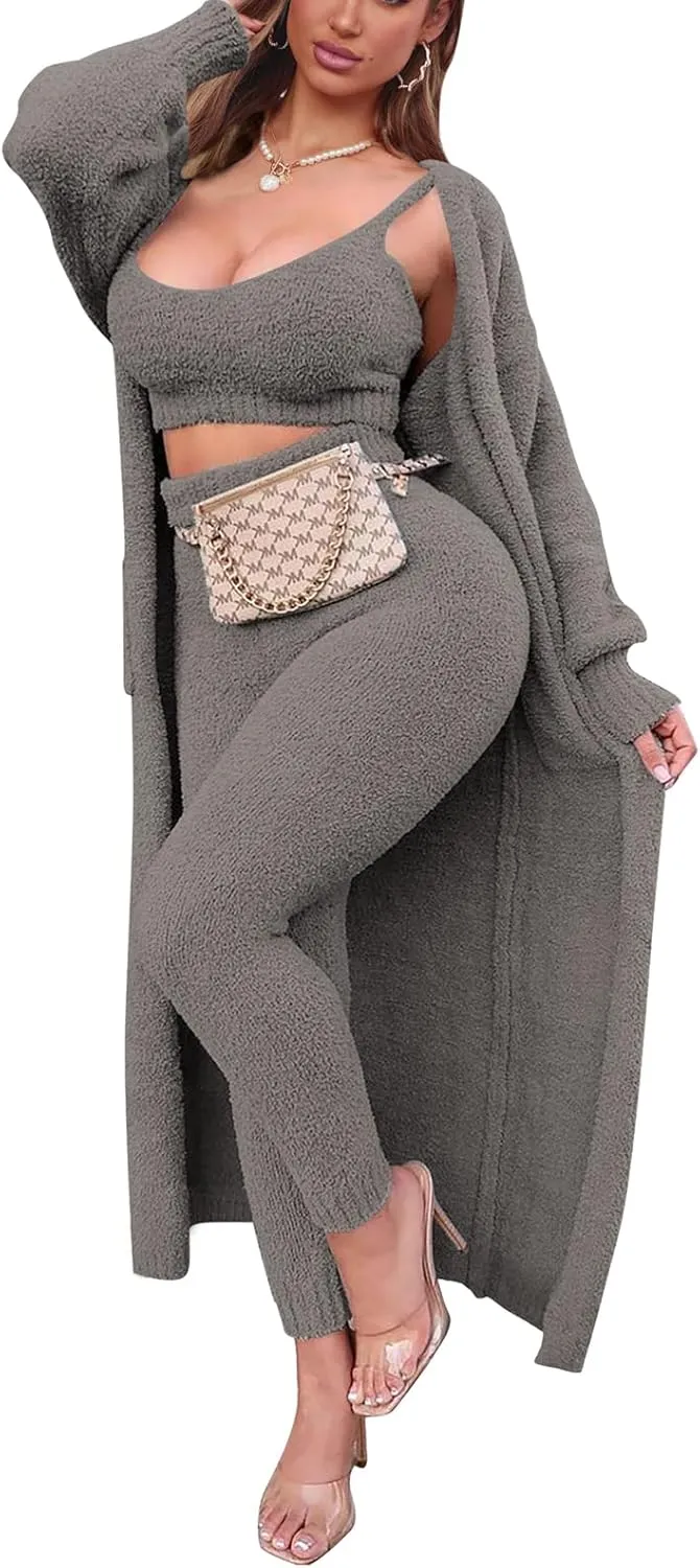 TOLENY Women's Fuzzy 3 Piece Lounge Sets Sweatsuits Open Front Cardigan Crop Tank Tops Wide Legs Pants Outfits