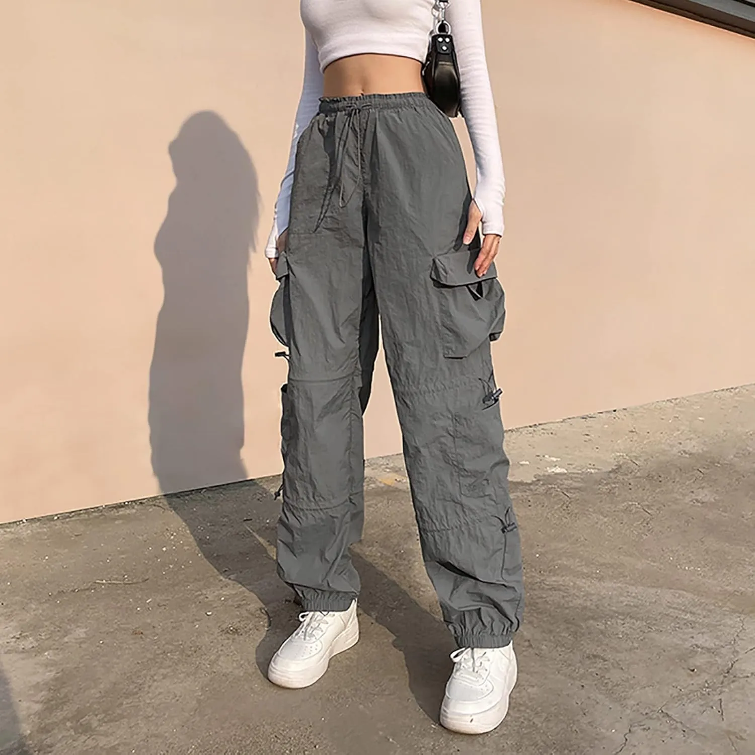 Travel Streetwear Baggy Stretchy Pants Clothes Black Pants High Waist Zipper Slim Drawstring Quick Dry Hiking Pants