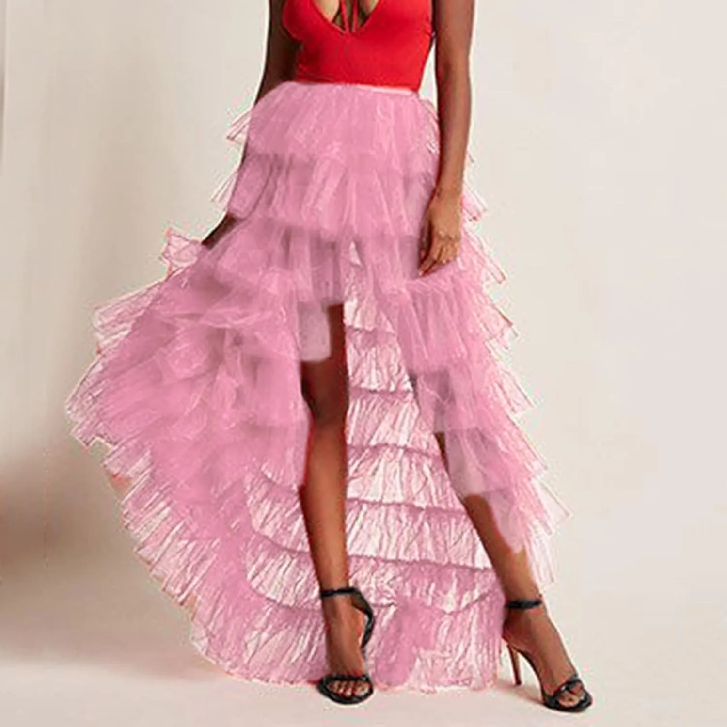 Tutu Skirts Women's Elastic High Waist Slit Party Petticoat Solid Tiered Ruffle Tulle Skirt A-Line Maxi Skirts