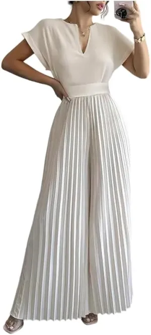 UOOZEE Women's 2025 Wide Leg Jumpsuits Long Flowy Pleated Romper Jumper Short Sleeve V Neck Dressy Overalls Jumpsuit