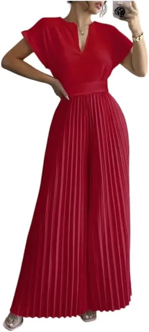 UOOZEE Women's 2025 Wide Leg Jumpsuits Long Flowy Pleated Romper Jumper Short Sleeve V Neck Dressy Overalls Jumpsuit