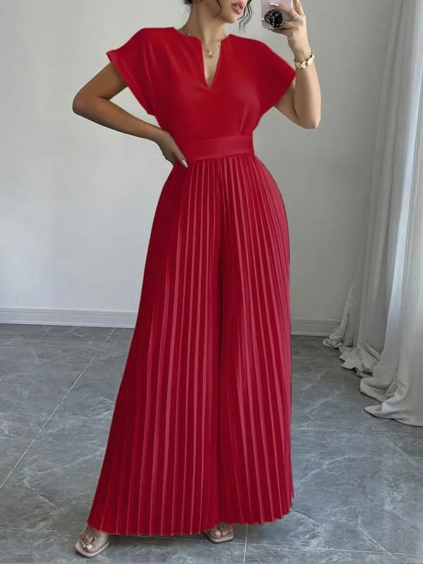 UOOZEE Women's 2025 Wide Leg Jumpsuits Long Flowy Pleated Romper Jumper Short Sleeve V Neck Dressy Overalls Jumpsuit