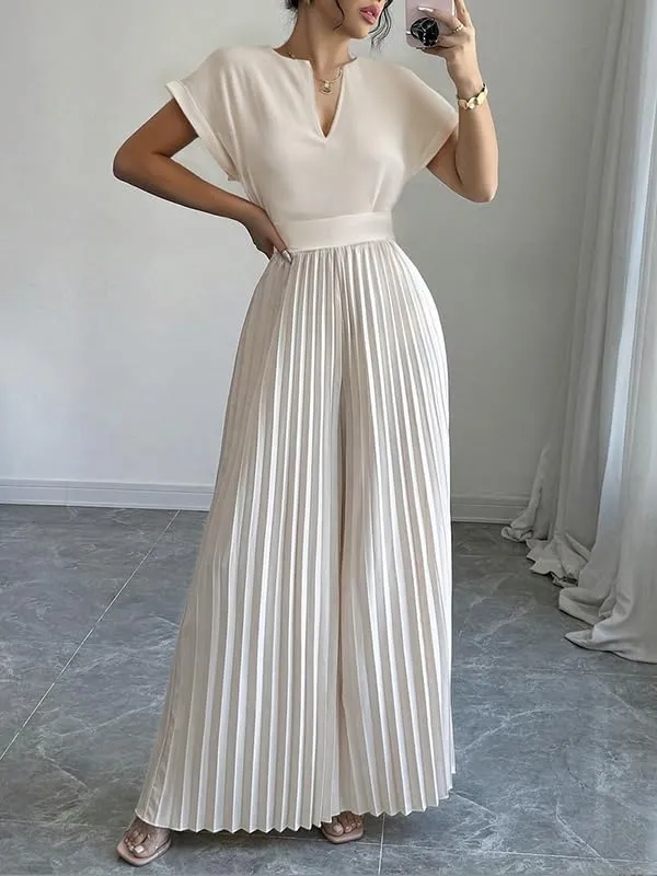 UOOZEE Women's 2025 Wide Leg Jumpsuits Long Flowy Pleated Romper Jumper Short Sleeve V Neck Dressy Overalls Jumpsuit