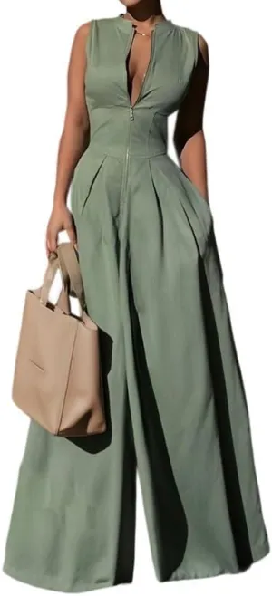 UOOZEE Women's Wide Leg Long Pant Jumpsuits One Piece Sleeveless Zipper Dressy Elegant Jumpsuit for Party Club