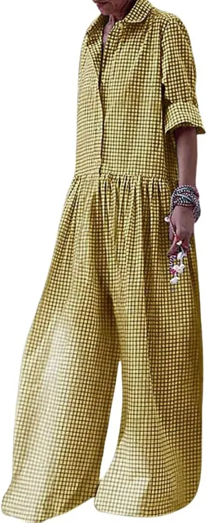 utcoco Women Long Sleeve Wide Leg Plaid Jumpsuits Casual Loose Fit Button Up One Piece Jumpsuit Long Pants