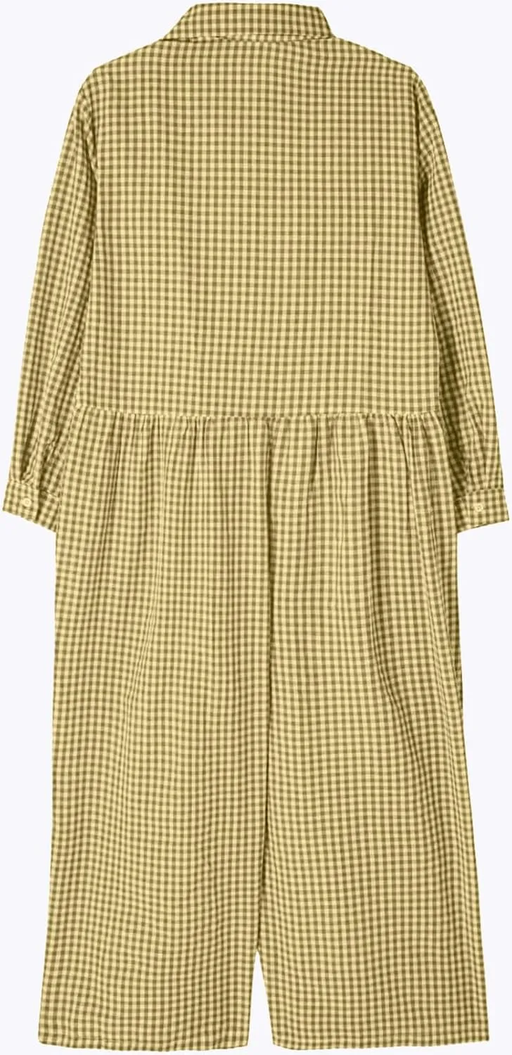 utcoco Women Long Sleeve Wide Leg Plaid Jumpsuits Casual Loose Fit Button Up One Piece Jumpsuit Long Pants