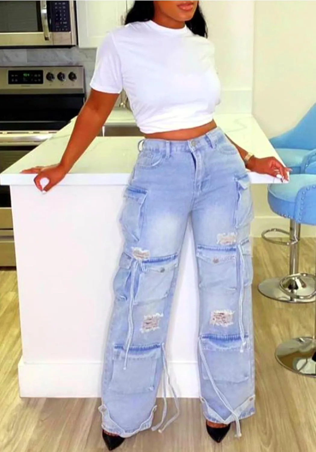 Vaceky Denim Baggy Jeans Women Straight Leg Y2K Distressed Cargo Joggers with Pockets