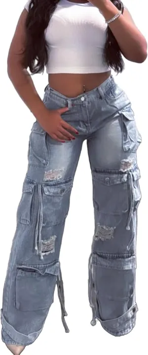 Vaceky Denim Baggy Jeans Women Straight Leg Y2K Distressed Cargo Joggers with Pockets