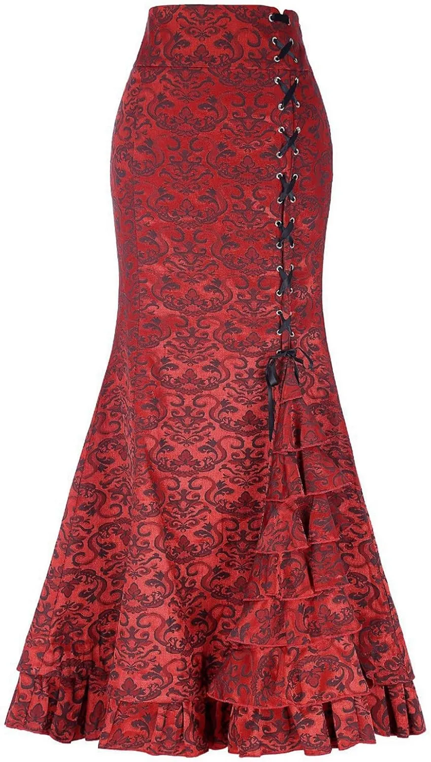 Victorian Pencil Skirt for Women Vintage Steampunk Lace up Tiered Ruffle Maxi Skirts High Waisted Long Mermaid Fishtail Skirt