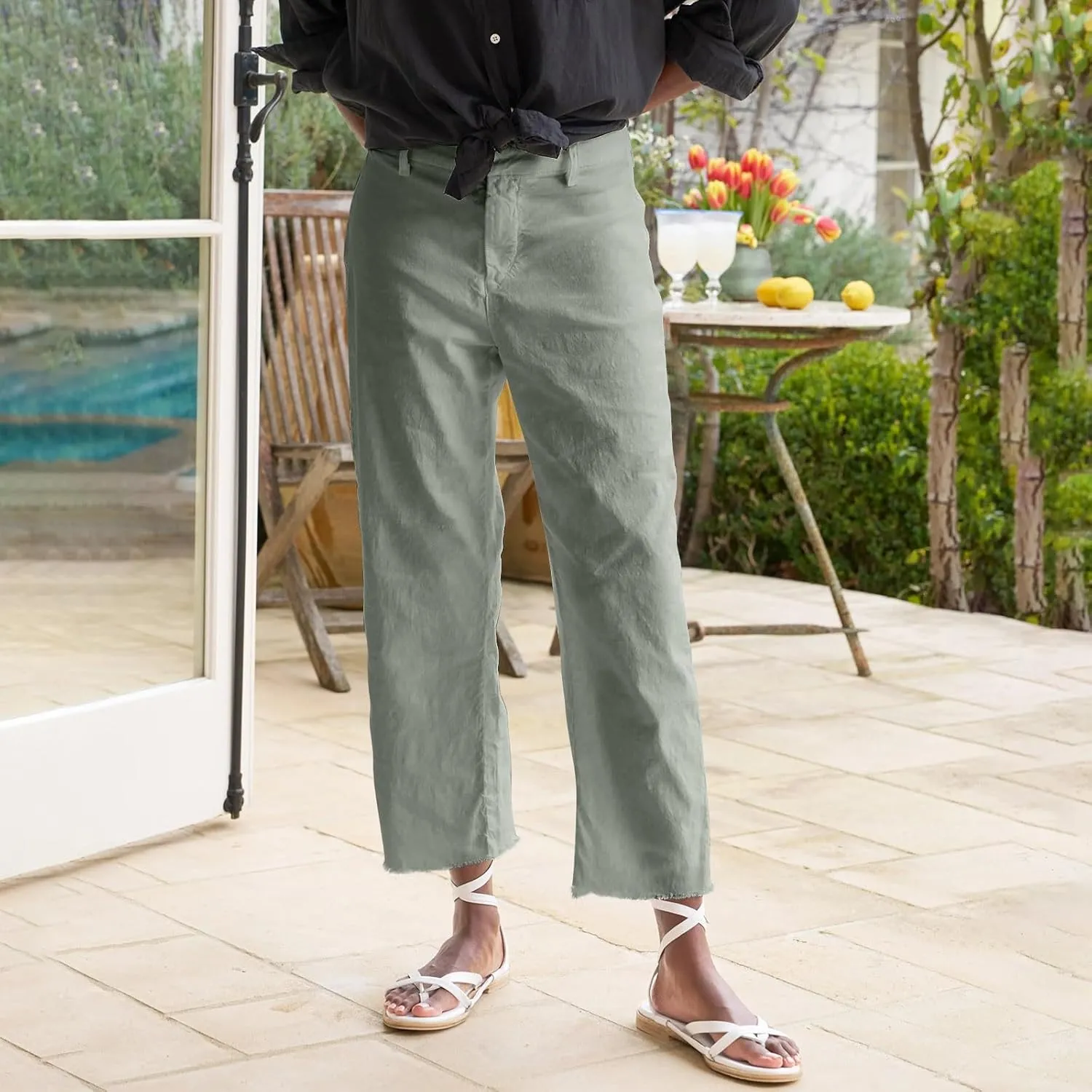 Wide Leg Dress Pants for Women Frayed Hem Elastic High Waisted Linen Pants Casual Summer Cropped Pants with Pockets