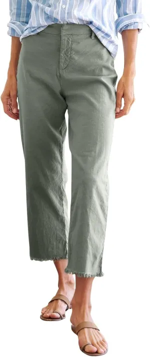 Wide Leg Dress Pants for Women Frayed Hem Elastic High Waisted Linen Pants Casual Summer Cropped Pants with Pockets