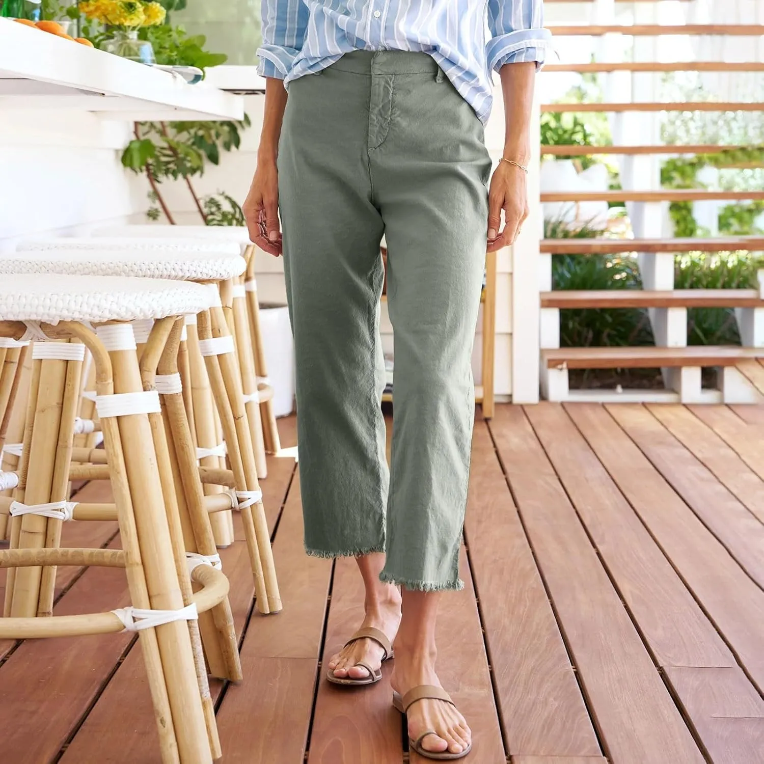 Wide Leg Dress Pants for Women Frayed Hem Elastic High Waisted Linen Pants Casual Summer Cropped Pants with Pockets