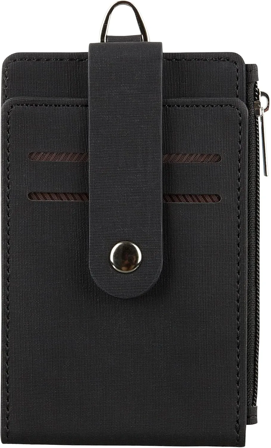 Women & Men Keychain Card Holder Case Zipper Slim Minimalist Front Pocket Wallet with 2 ID Window, Black