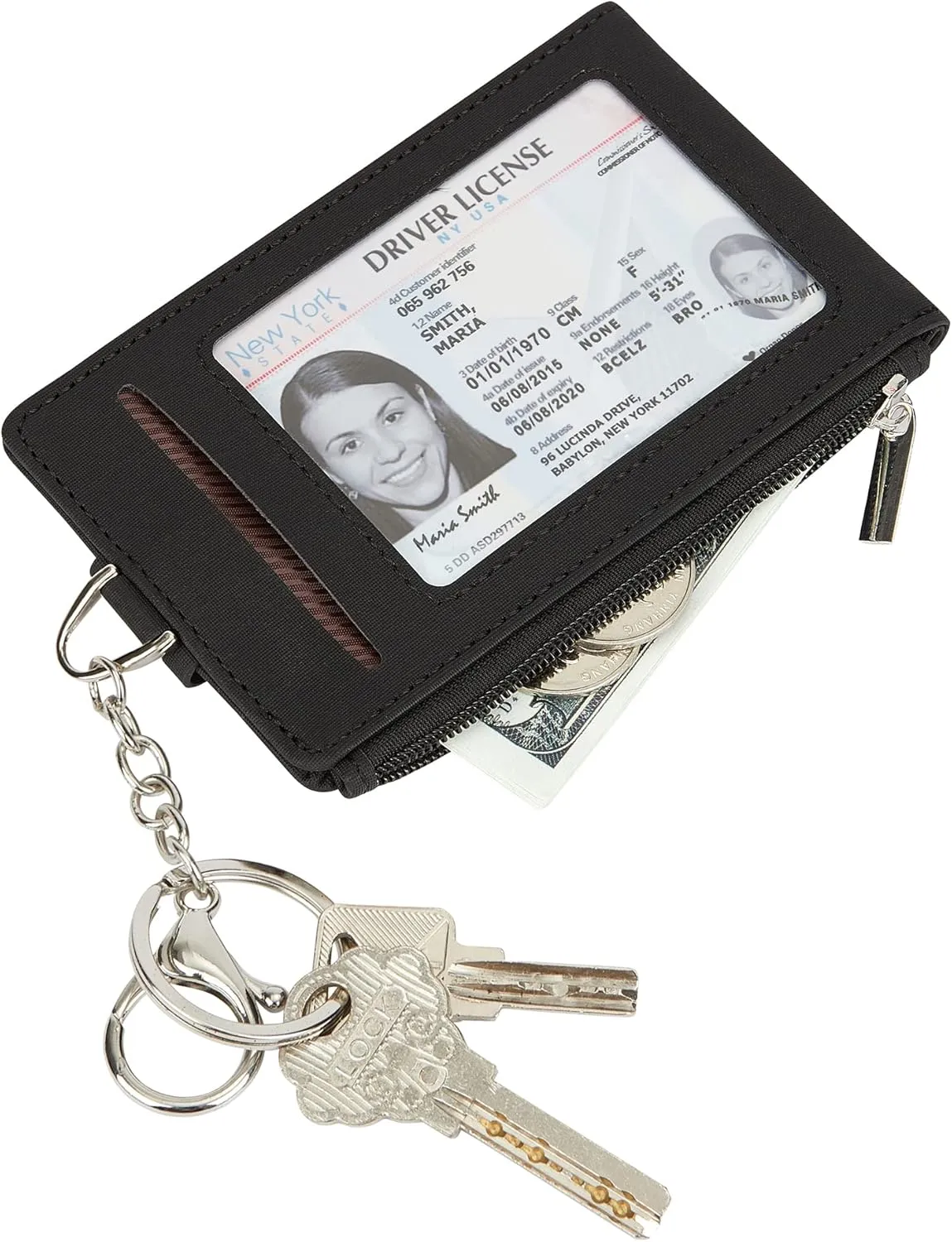 Women & Men Keychain Card Holder Case Zipper Slim Minimalist Front Pocket Wallet with 2 ID Window, Black