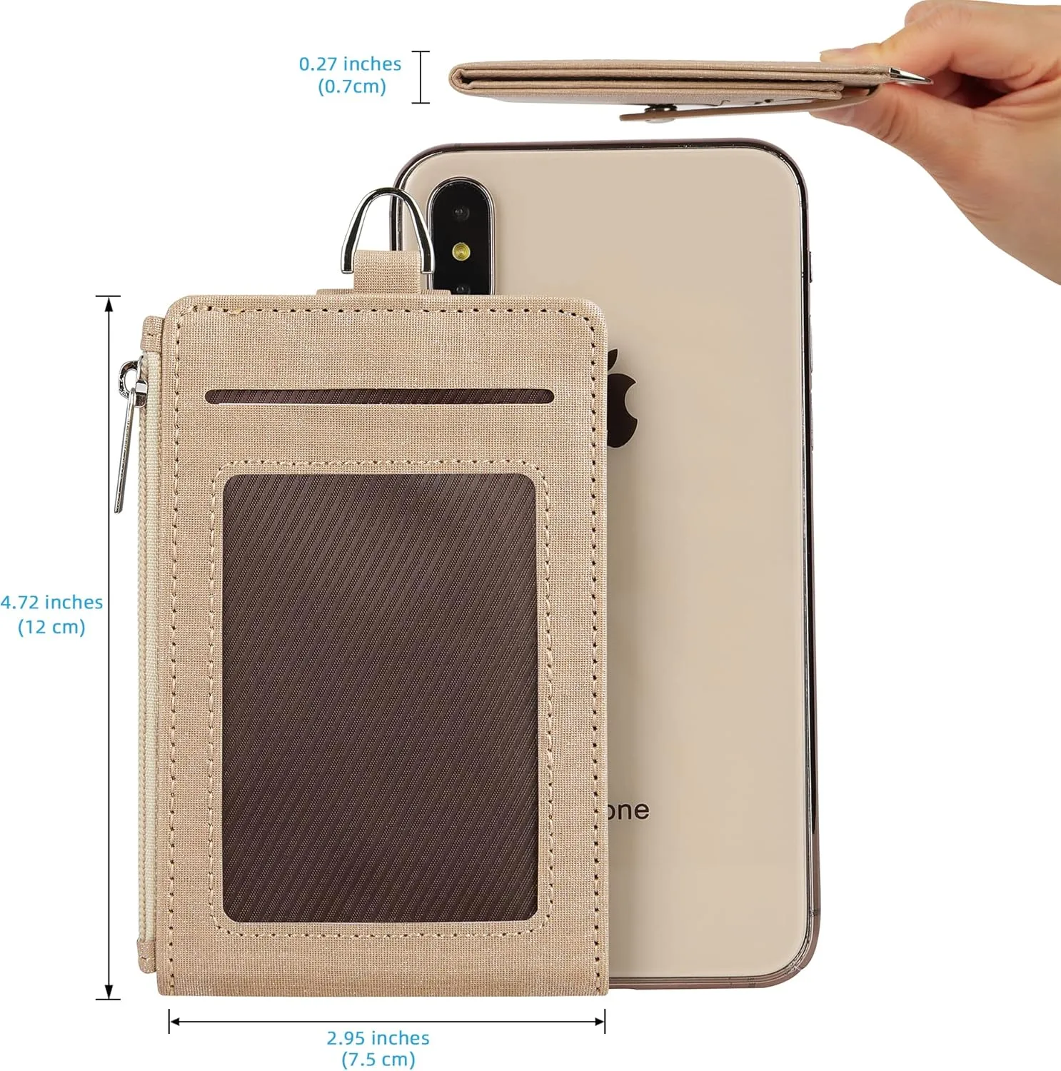 Women & Men Keychain Card Holder Case Zipper Slim Minimalist Front Pocket Wallet with 2 ID Window, Champagne Gold