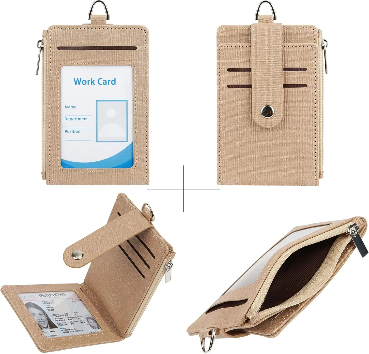Women & Men Keychain Card Holder Case Zipper Slim Minimalist Front Pocket Wallet with 2 ID Window, Champagne Gold
