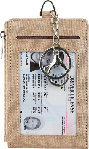 Women & Men Keychain Card Holder Case Zipper Slim Minimalist Front Pocket Wallet with 2 ID Window, Champagne Gold