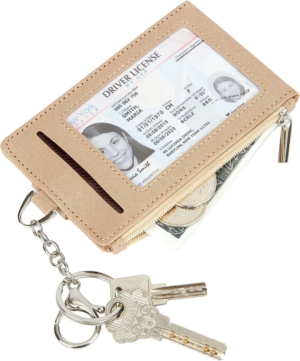 Women & Men Keychain Card Holder Case Zipper Slim Minimalist Front Pocket Wallet with 2 ID Window, Champagne Gold