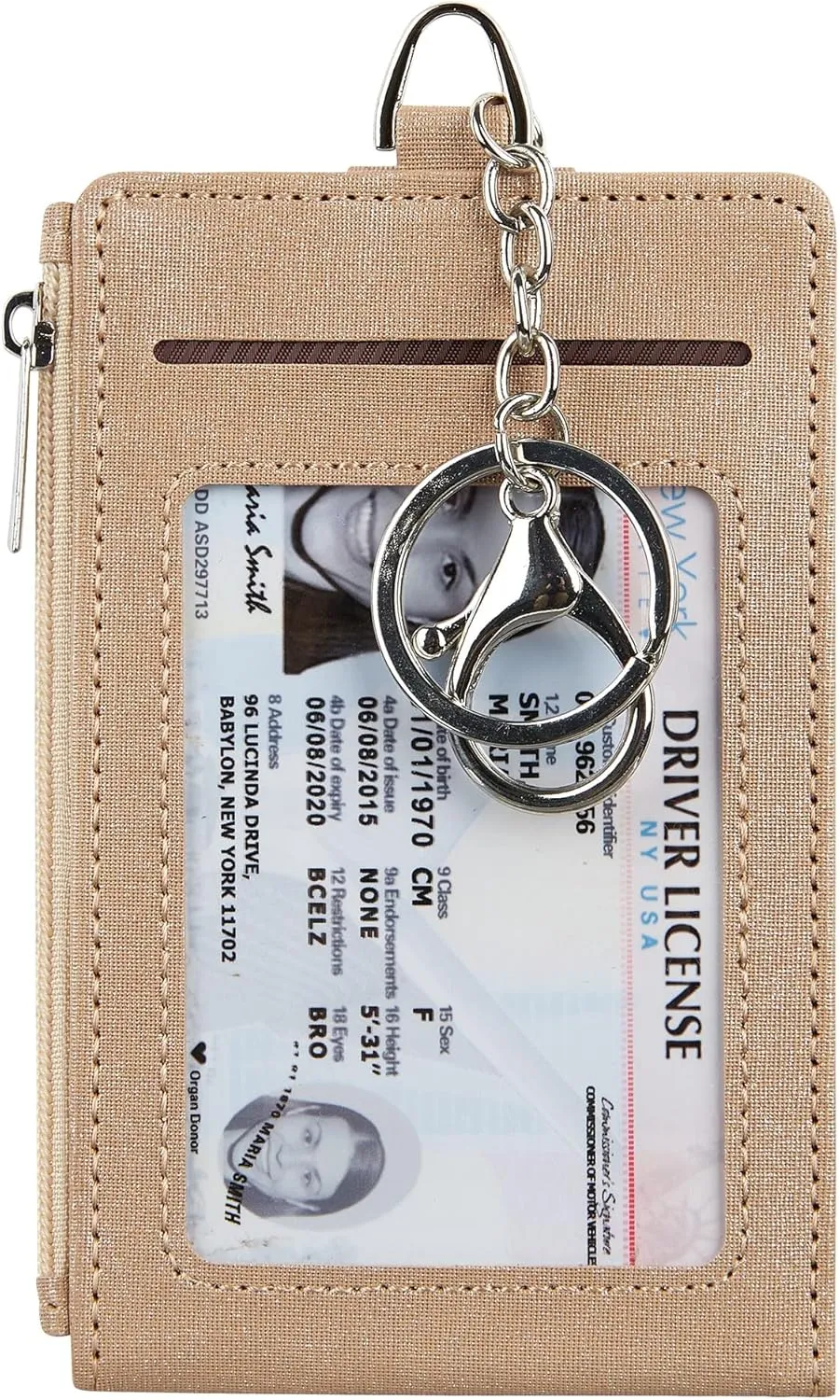 Women & Men Keychain Card Holder Case Zipper Slim Minimalist Front Pocket Wallet with 2 ID Window, Champagne Gold