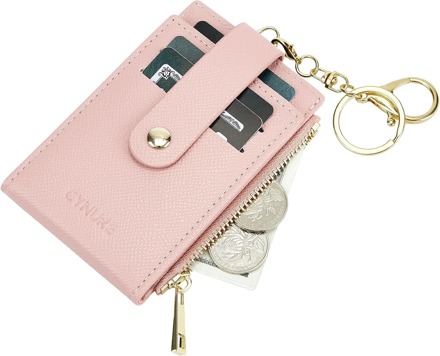 Women & Men Leather RFID Blocking Card Holder Slim Small Zipper Keychain Front Pocket Wallet with 2 ID Window,
