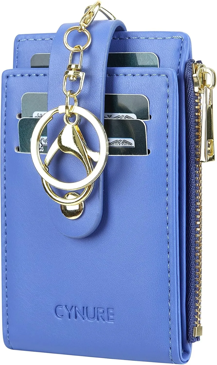 Women & Men Leather RFID Blocking Card Holder Slim Small Zipper Keychain Front Pocket Wallet with 2 ID Window,