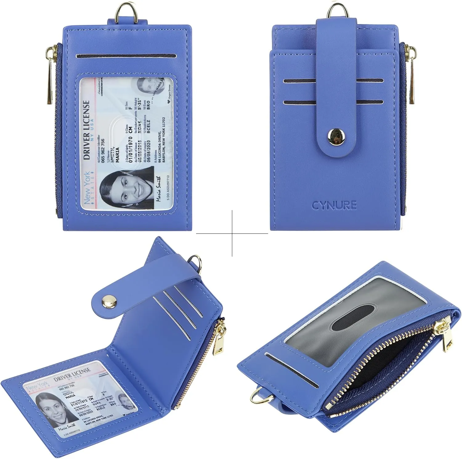Women & Men Leather RFID Blocking Card Holder Slim Small Zipper Keychain Front Pocket Wallet with 2 ID Window,