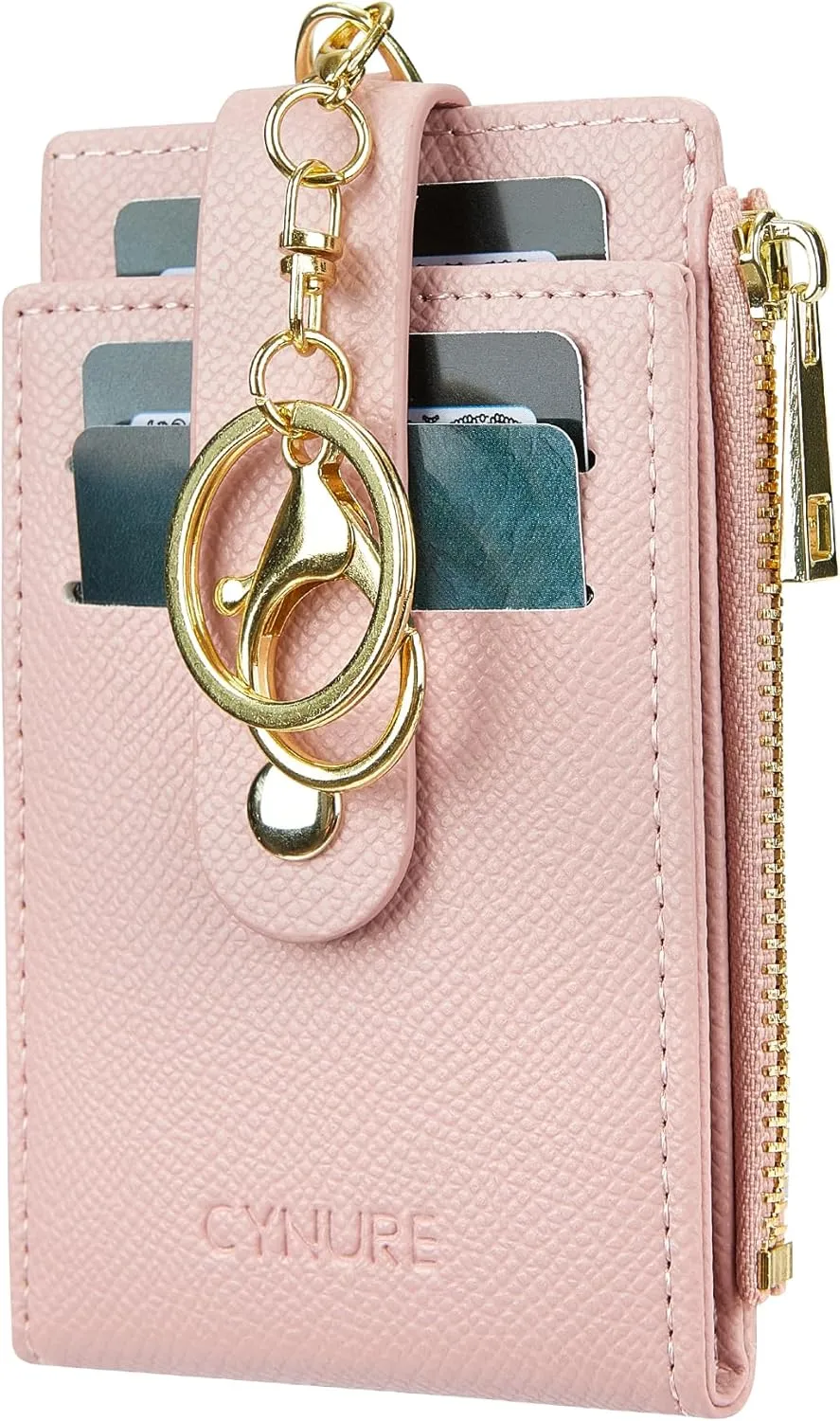 Women & Men Leather RFID Blocking Card Holder Slim Small Zipper Keychain Front Pocket Wallet with 2 ID Window,