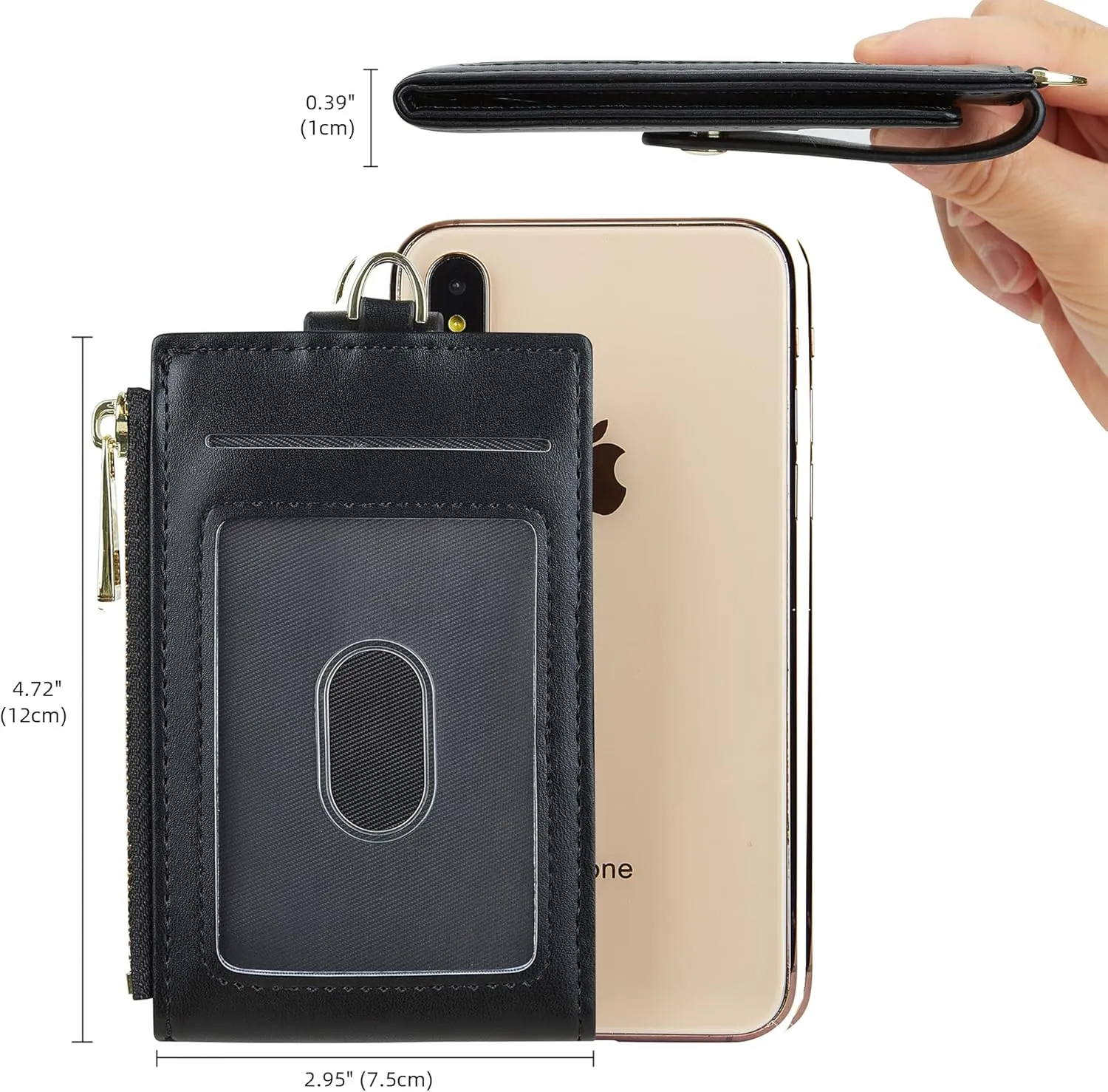 Women & Men Leather RFID Blocking Card Holder Slim Small Zipper Keychain Front Pocket Wallet with 2 ID Window,