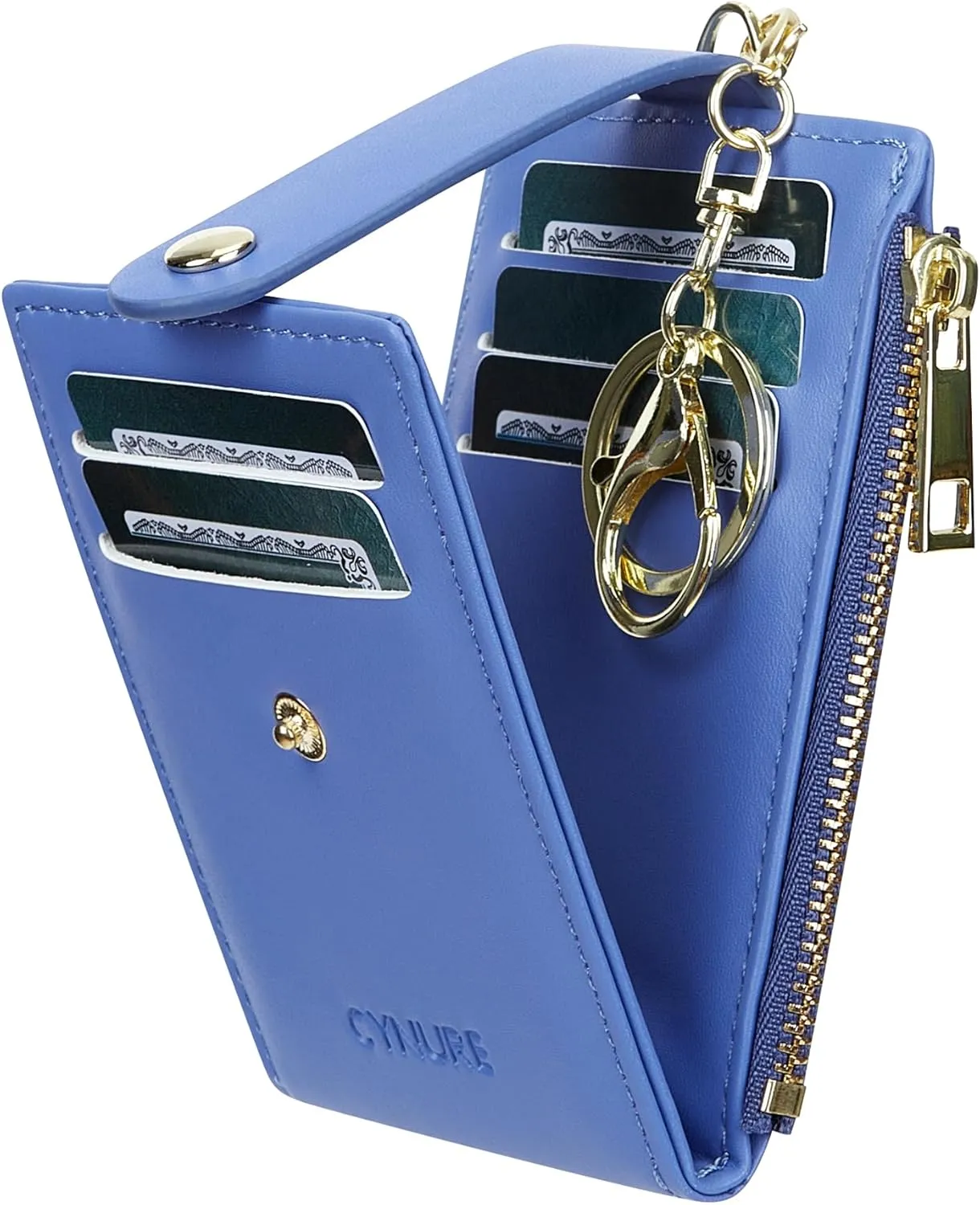 Women & Men Leather RFID Blocking Card Holder Slim Small Zipper Keychain Front Pocket Wallet with 2 ID Window,