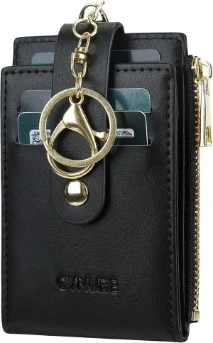 Women & Men Leather RFID Blocking Card Holder Slim Small Zipper Keychain Front Pocket Wallet with 2 ID Window,