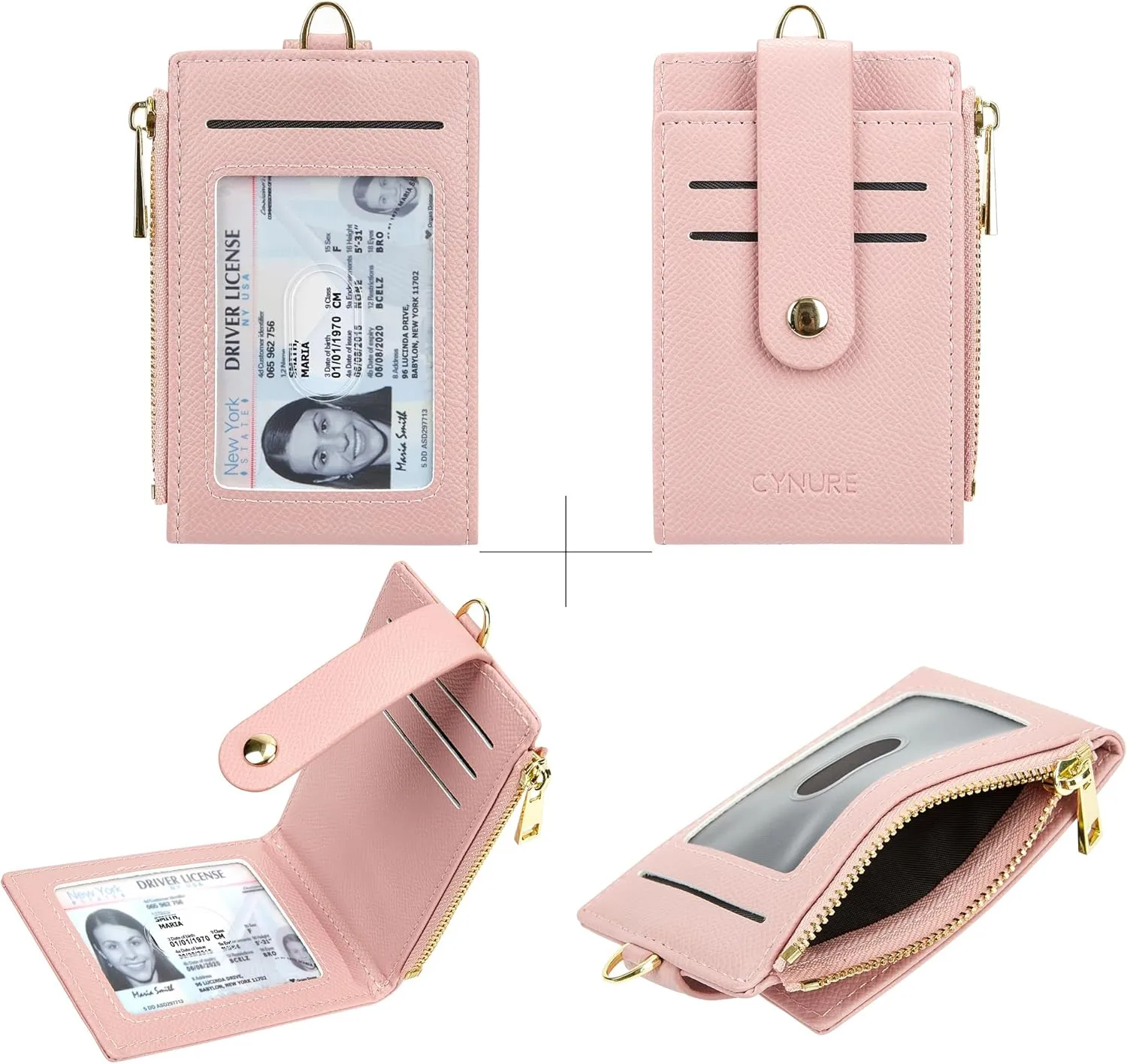 Women & Men Leather RFID Blocking Card Holder Slim Small Zipper Keychain Front Pocket Wallet with 2 ID Window,
