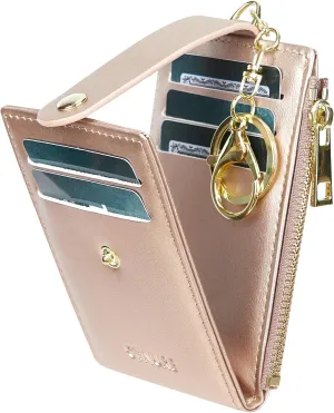 Women & Men Leather RFID Blocking Card Holder Slim Small Zipper Keychain Front Pocket Wallet with 2 ID Window,