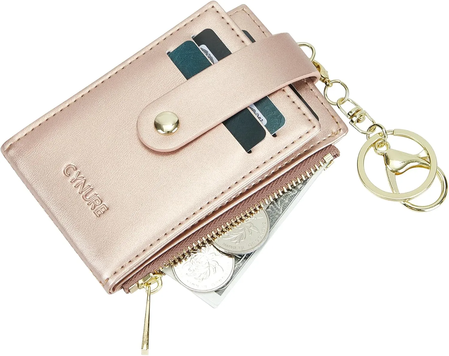 Women & Men Leather RFID Blocking Card Holder Slim Small Zipper Keychain Front Pocket Wallet with 2 ID Window,