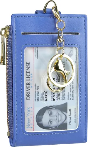 Women & Men Leather RFID Blocking Card Holder Slim Small Zipper Keychain Front Pocket Wallet with 2 ID Window,