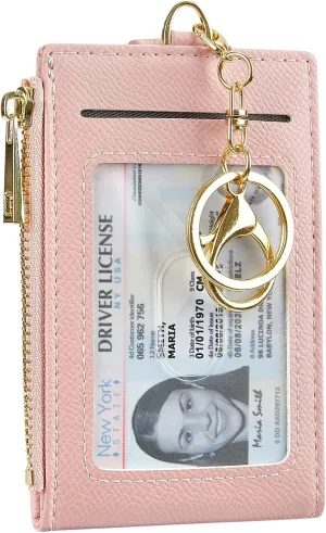 Women & Men Leather RFID Blocking Card Holder Slim Small Zipper Keychain Front Pocket Wallet with 2 ID Window,