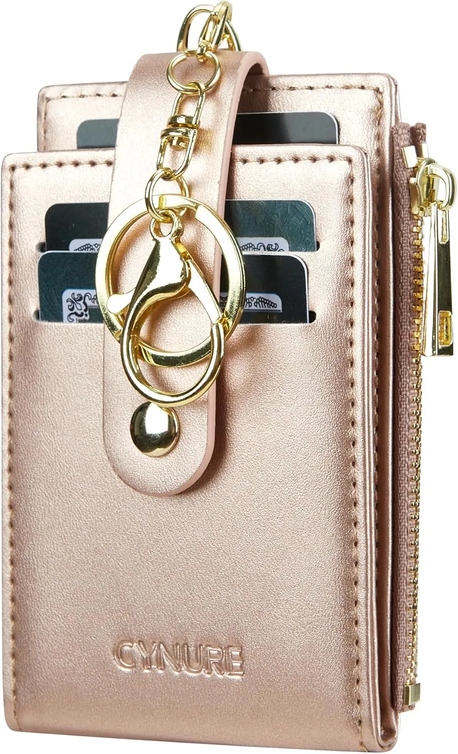 Women & Men Leather RFID Blocking Card Holder Slim Small Zipper Keychain Front Pocket Wallet with 2 ID Window,
