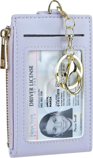 Women & Men Leather RFID Blocking Card Holder Slim Small Zipper Keychain Front Pocket Wallet with 2 ID Window,