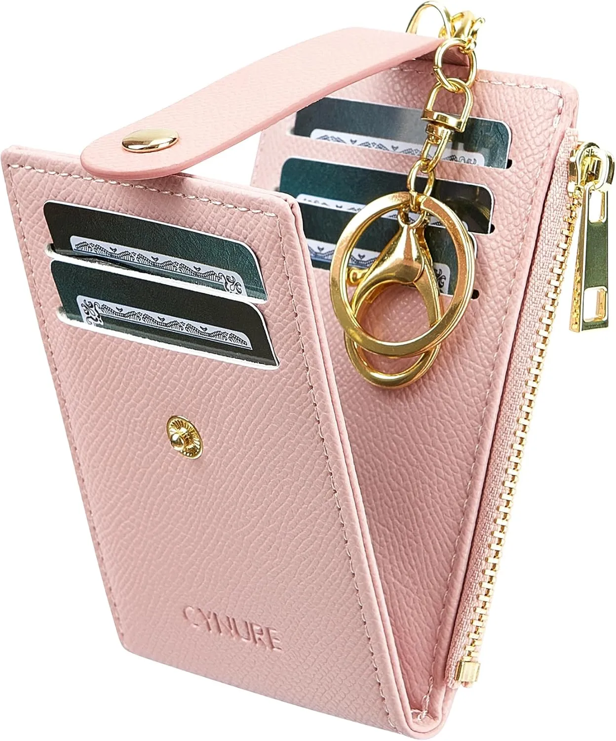 Women & Men Leather RFID Blocking Card Holder Slim Small Zipper Keychain Front Pocket Wallet with 2 ID Window,
